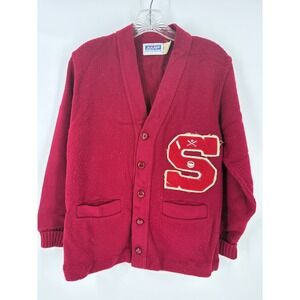 Vintage Letterman Cardigan Sweater Red Wool Chenille "S" Patch Varsity S